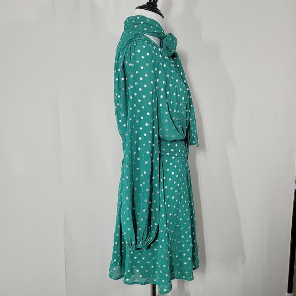 Yumi Kim Kelly Green Neck Tie Mini Dress Silver Polka Dots and Belt Size Small - Picture 3 of 8
